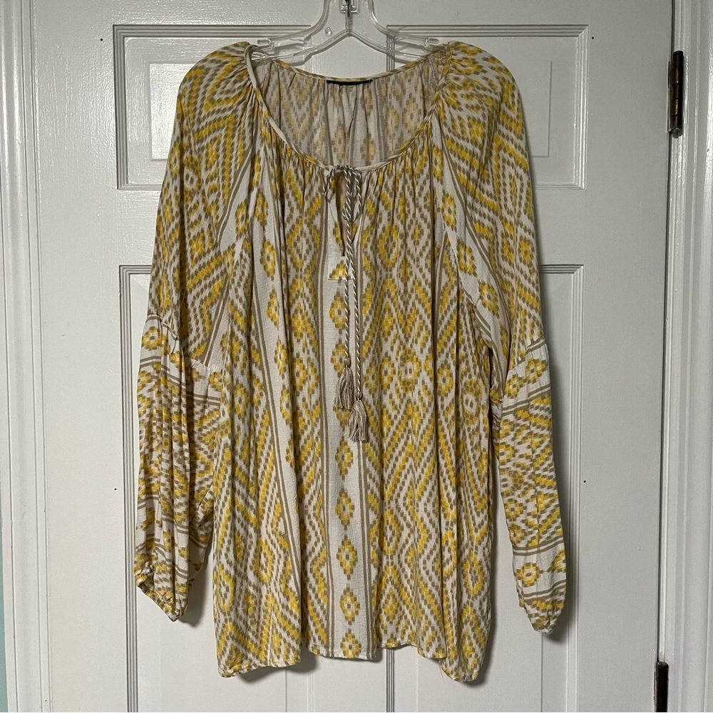 Lane Bryant Yellow Tan White Tribal Print Long Sleeve Peasant Boho Top